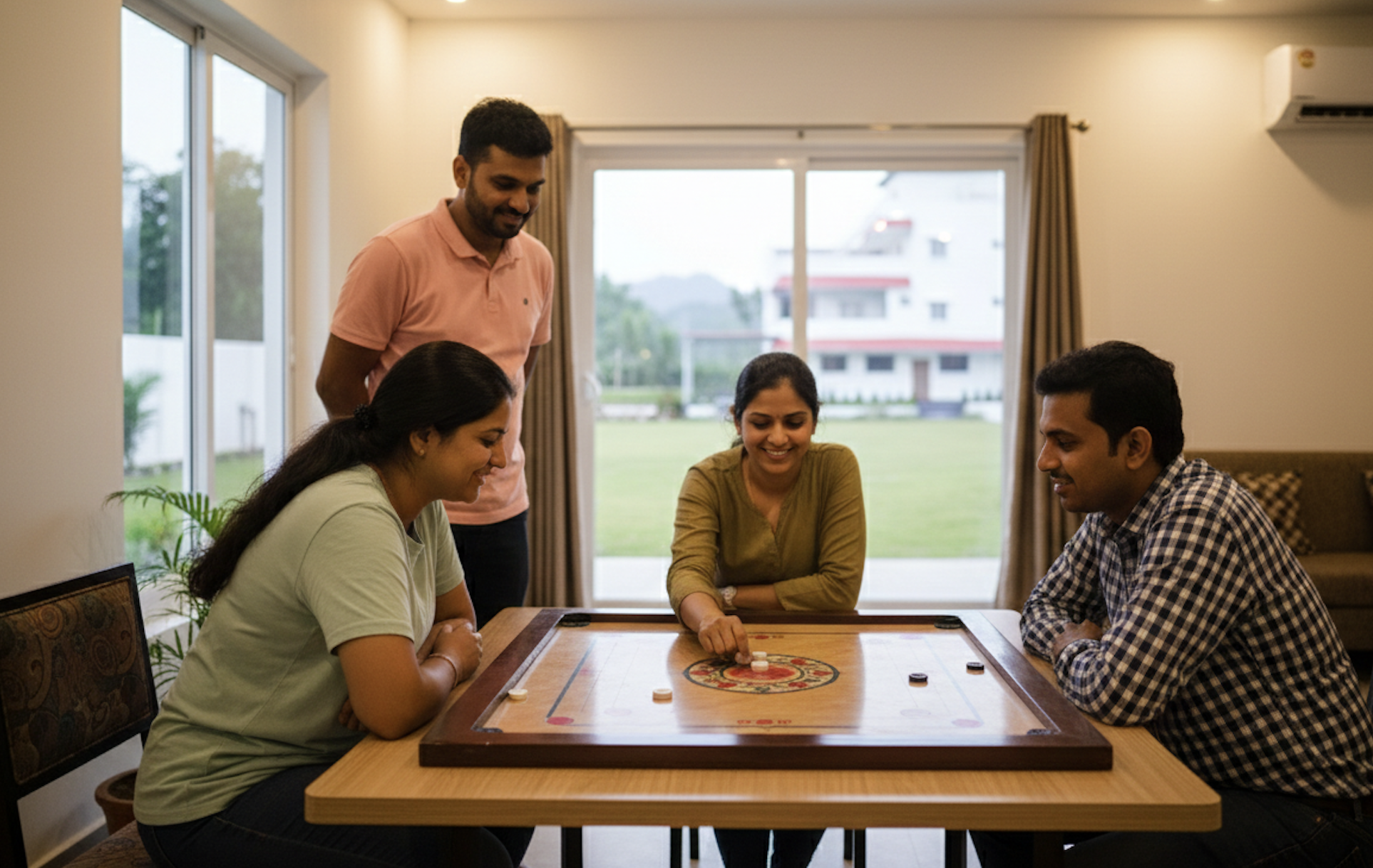A carrom board with pieces set up for a game.