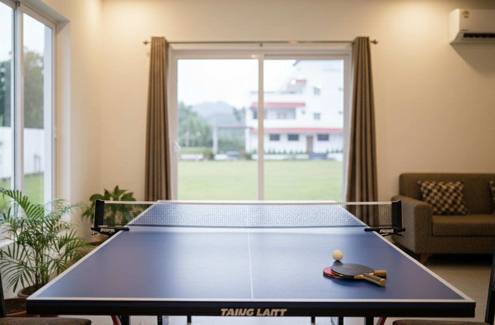A table tennis table with paddles and a ball.